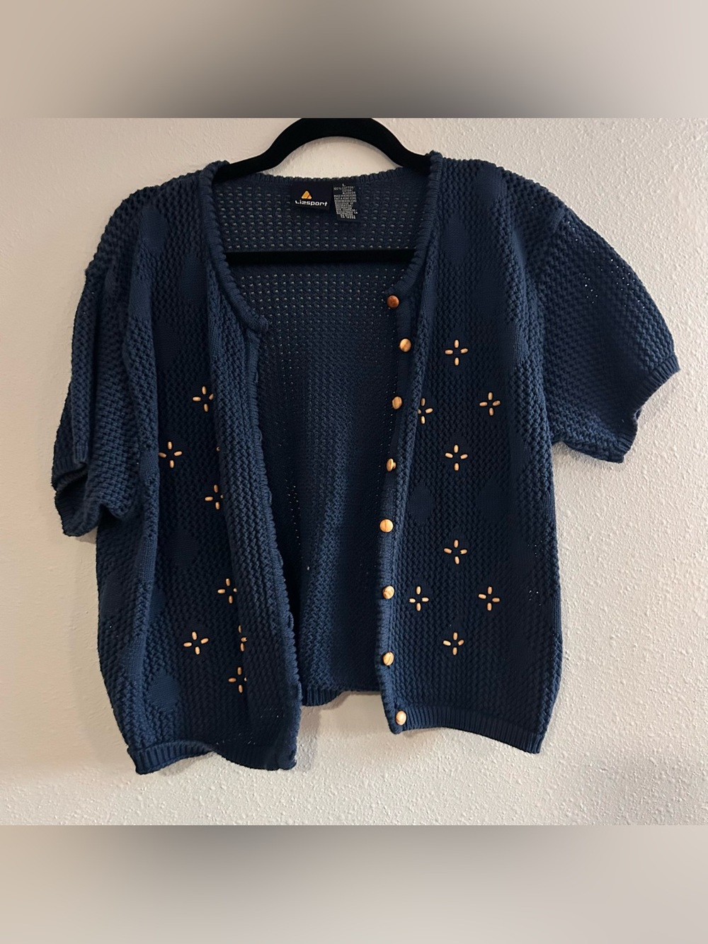 Lizsport Short-Sleeve Navy Open-Weave Cardigan